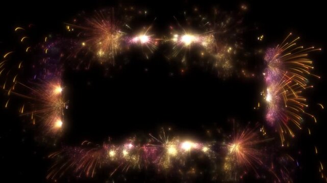 Pan slow motion shot of animated fireworks forming glowing rectangular frame on black background in dark stage night
