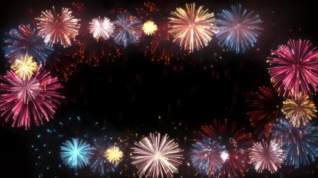 Static shot of colorful fireworks bursting and shimmering around black sky frame border with panoramic horizontal composition during nighttime celebration