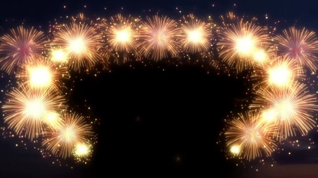 Panning shot of golden fireworks arching and exploding to form glowing border around dark center in night sky over city skyline during celebration