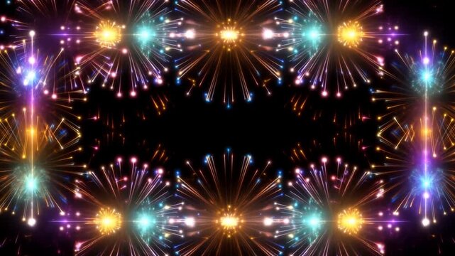 Static shot of kaleidoscopic fireworks bursts forming decorative frame border over black night sky background for festive celebratory designs