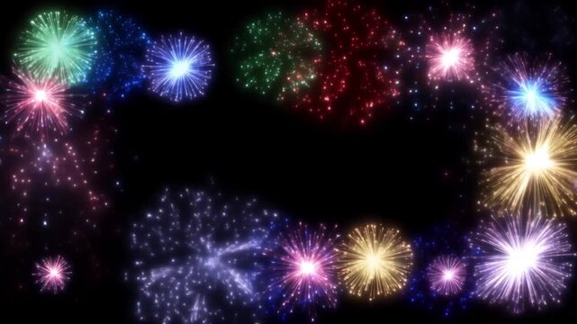 Static shot of colorful fireworks bursting around black sky frame border during nighttime celebration display over open skyline