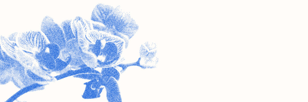 Blue cyanotype orchid botanical background. Stipple dot overlay texture with flower and twig silhouette. Delicate indigo blue nature banner for template and graphic design project