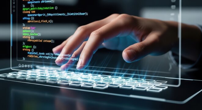 High contrast view of a hand typing on a futuristic coding interface with syntax highlighting in bright colors