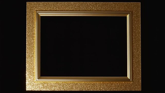Panning shot of empty gold ornate picture frame sliding across black studio backdrop in isolated interior display setting