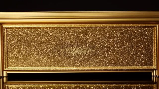 Panning shot of gold glitter panel revealing dissolving black oval across decorative panels in studio interior