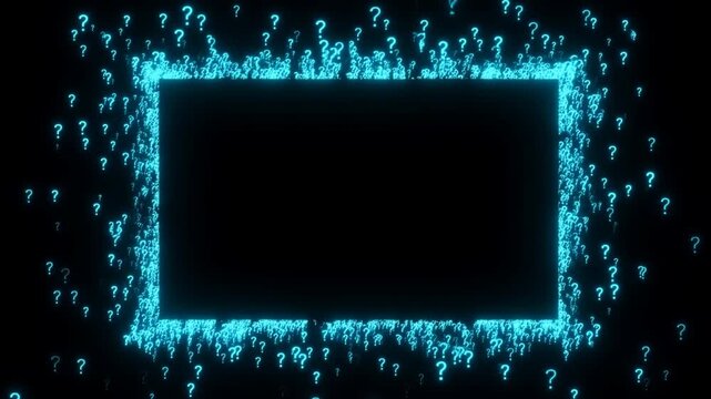 Static shot of neon question mark particles slowly forming and drifting into rectangular frame on black digital background with glowing blue light
