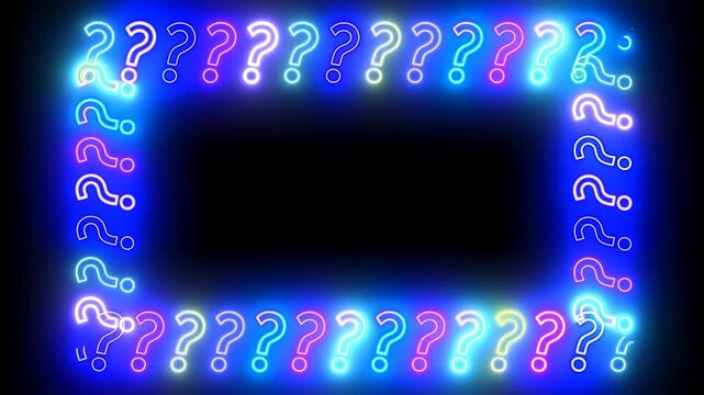 Panning shot of neon question mark frame sliding around dark center on black background in studio loop animation with smooth tracking movement