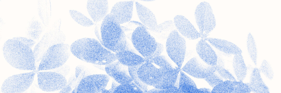 Stipple graphic background with blue cyanotype print effect. Hydrangea flowers silhouette overlay vector texture on white background.