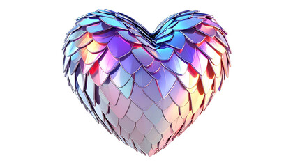 Heart made of iridescent scales on black background; dragon scale texture love symbol