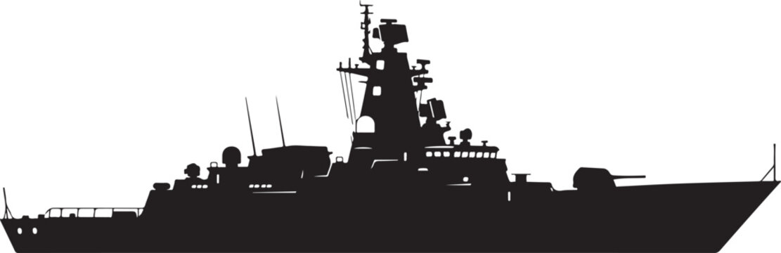 Warship, military ship, naval vessel, destroyer silhouette, black icon