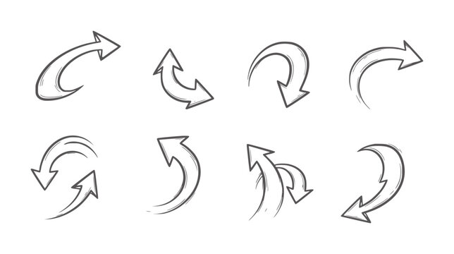 Seven black curved arrow in various circular rotation styles arrows clockwise