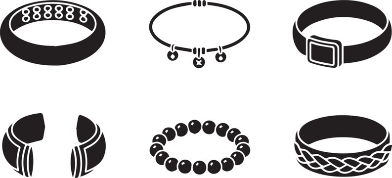 Jewelry Bracelet and Bangle Silhouette Icon Set: Beaded, Braided, and Charm Accessories