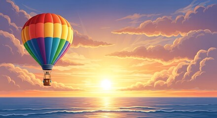 Obraz premium A vibrant rainbow colored hot air balloon floats serenely above a calm ocean at a golden sunset illustration