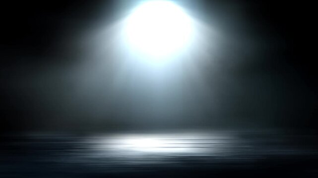 This video shows smoke moving through a spotlight, The spotlight illuminates the stage background,
Dramatic spotlight beam shining through low lying stage