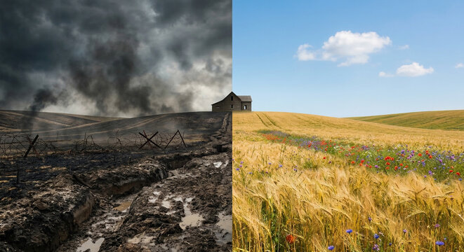 War-Torn Desolation Versus Peaceful Countryside Landscape Contrast