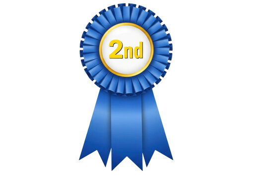 Blue ribbon badge celebrating a 2nd place achievement award isolated on transparent background