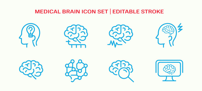 Brain medical icon collection with thinking head, pain, neuron and MRI scan symbols, representing psychology disorder, magnetic resonance imaging and healthcare treatment in editable outline style.