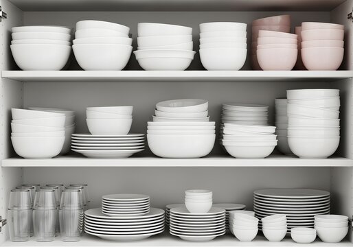 Dishes organized on shelves in a cupboard