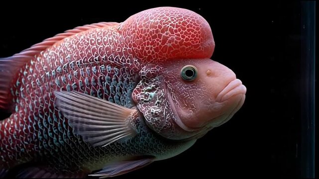 Vibrant Flowerhorn Cichlid Fish Profile on Solid Black Background