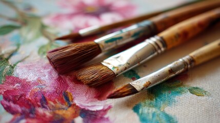 Obraz premium Education training class. Knowledge learning improvement study. A closeup of three paintbrushes resting on a vibrant, colorful fabric with a floral pattern. The background is slightly blurred.