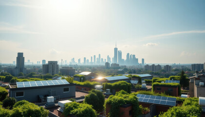 Naklejka premium Sustainable Urban Rooftop Gardens with Solar Panels and Greenery Overlooking a City Skyline