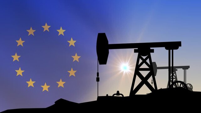 Drilling rigs against a sunny sky and the European Union flag. 4K