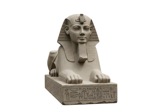 Ancient egyptian sphinx statue with detailed headdress and serene expression isolated on transparent background