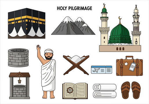 Islamic Holy Pilgrimage Icons Set for Hajj and Umrah featuring Kaaba, Mosque, and Travel Essentials