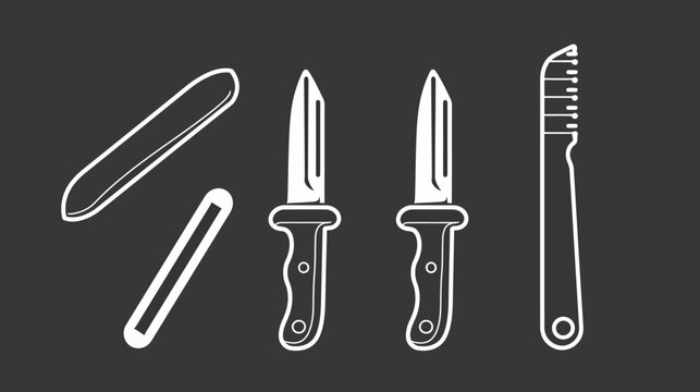 Black and white illustration featuring various cutlery pieces, like knives and peelers