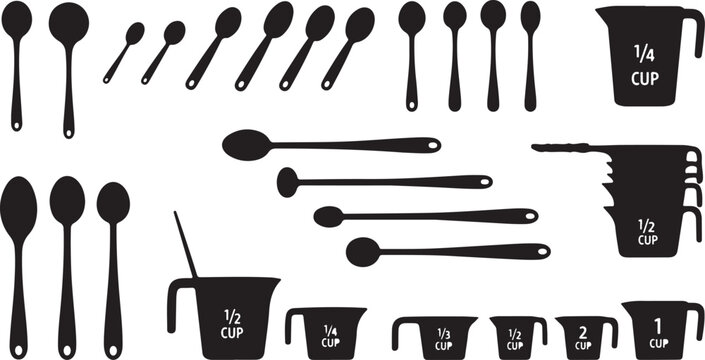 Black kitchen utensils and measuring cups illustration set