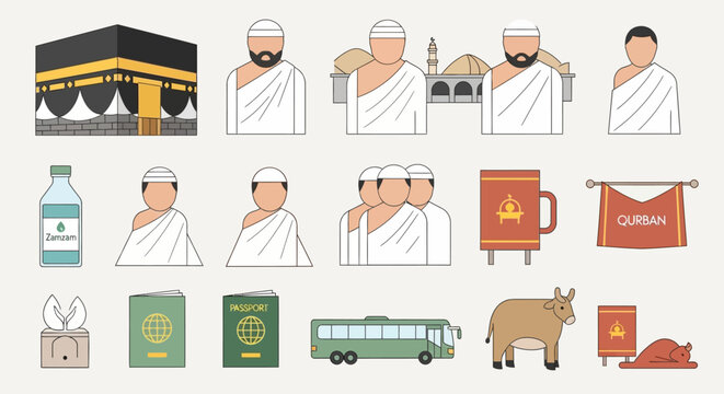 Hajj and Umrah Icons Set: Islamic Pilgrimage Elements including Kaaba, Pilgrims in Ihram, Zamzam Water, Passport, and Sacrificial Animal for Eid al-Adha. Vector Illustration.