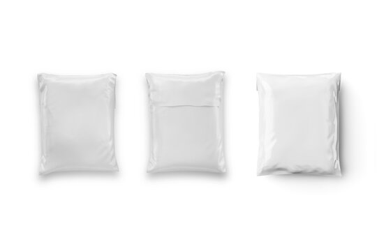 Empty blank white plastic parcel bag mockup front and back side isolated on a grey background. Shipping Plastic Bag Postal Packing. Postal package. 3d rendering.