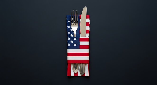 American flag napkin wrapped around fork knife and spoon on dark background