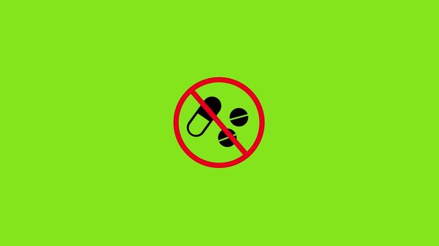 Abstract no drugs sign animation, no drugs allowed symbol, represents the concept of drug prevention, health, anti-addiction, life saving animated on green background. 4k video