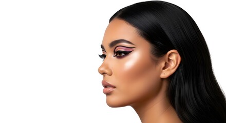 Naklejka premium Glamorous Woman with Bold Makeup, Side Profile on White