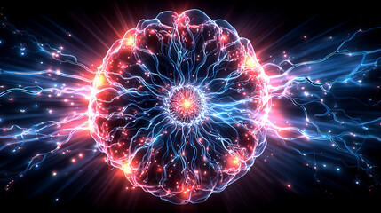 Abstract Brain Illustration with Electric Signals and Energy Flow