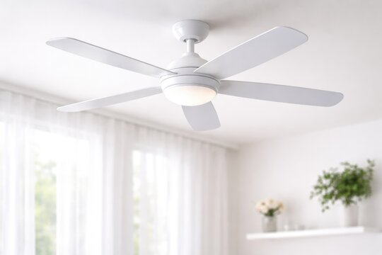 Modern white ceiling fan with light in bright minimalist interior