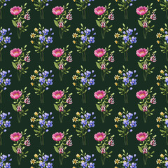 Fototapeta premium Seamless dark green pattern with flowers and leaves, repeating paper, background. Floral backdrop for textile, fabric, wallpaper. Hand drawn flowers and leaf.