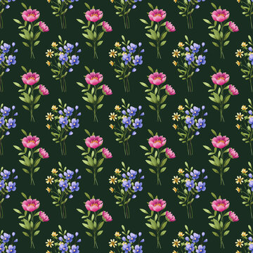 Seamless dark green pattern with flowers and leaves, repeating paper, background. Floral backdrop for textile, fabric, wallpaper. Hand drawn flowers and leaf.