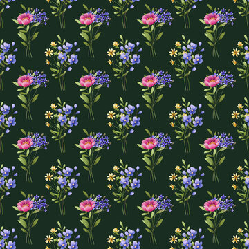 Seamless dark green pattern with flowers and leaves, repeating paper, background. Floral backdrop for textile, fabric, wallpaper. Hand drawn flowers and leaf.