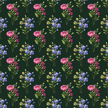 Seamless dark green pattern with flowers and leaves, repeating paper, background. Floral backdrop for textile, fabric, wallpaper. Hand drawn flowers and leaf.