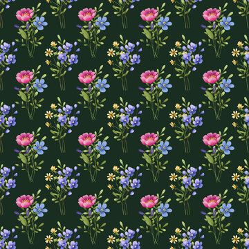 Seamless dark green pattern with flowers and leaves, repeating paper, background. Floral backdrop for textile, fabric, wallpaper. Hand drawn flowers and leaf.