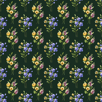 Seamless dark green pattern with flowers and leaves, repeating paper, background. Floral backdrop for textile, fabric, wallpaper. Hand drawn flowers and leaf.