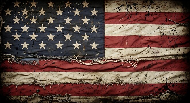 Vintage american flag with torn and distressed fabric texture background