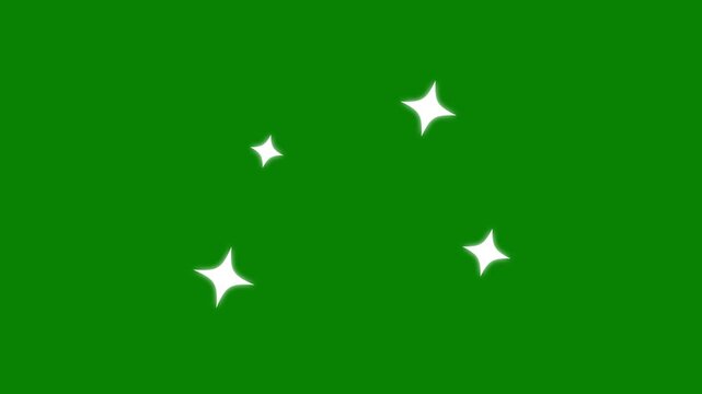 Shiny twinkle glitter stars, glowing cartoon white star animation, retro, doodle, vector sparkle shine, blinking light trail effects, chroma key green screen festive seamless loop background.4K