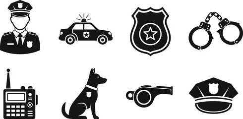 Professional Police Department Vector Icon Set Featuring Officer Avatar Patrol Car Badge Handcuffs Radio K9 Unit Whistle And Uniform Hat Symbols © MdMucha