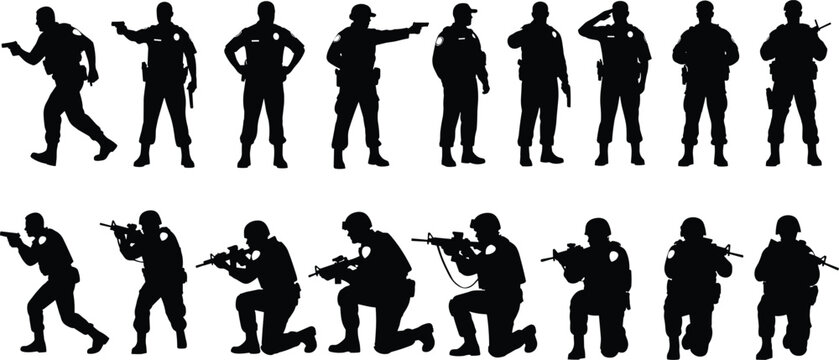 Large Collection of Tactical Police and Military Soldier Silhouettes in Various Poses Including Standing Kneeling Aiming Rifles and Saluting Actions