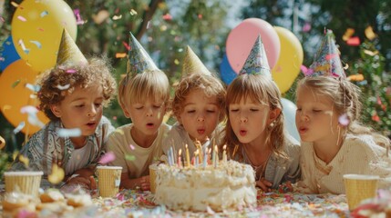 Birthday celebration theme for party event. A group of children blowing out candles on a birthday cake surrounded by colorful confetti and balloons. The cake is adorned with lit candles, glasses.