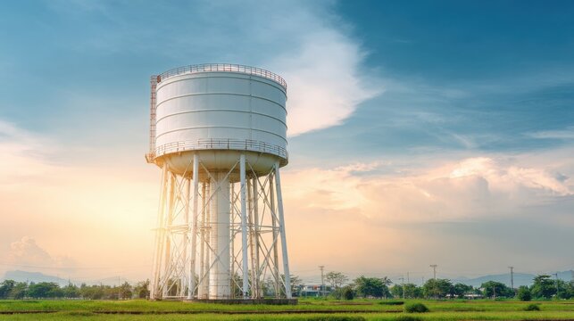 A large white industrial water storage tank elevated on a steel tower, holding vital supply against a cloudy sky.