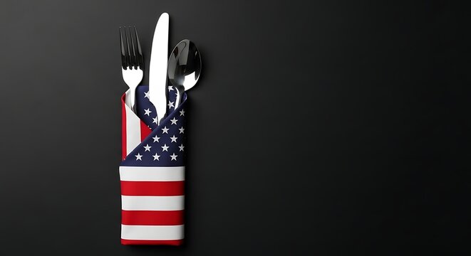 American flag napkin wrapped around crossed fork knife and spoon on dark background